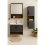 DMZ Home Concept Legna 80 cm Antrasit-Ahşap Renkli, Seramik Lavabolu, Alt - Üst ve Boy Dolaplı Tamamı Mdf Banyo Dolabı Seti