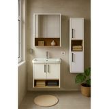 Dmz Home Legna 80 Cm Beyaz-Ahşap Renkli, Seramik Lavabolu, Alt - Üst Ve Boy Dolaplı Mdf Banyo Dolabı Seti
