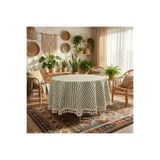 DNC home tekstil Keten Yeşil Çizgili Ham Ponponlu Yuvarlak Masa Örtüsü