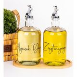 DNS HOME 2'li 750 ml Bambu Stanlı Cam Yağdanlık Seti Gri Tıpalı Ayçiçek & Zeytinyağı Etiketli Yağlık Sosluk