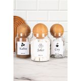 DNS Home 3'lü Ahşap Top Kapaklı Etiketli Çay Şeker Kahve Kavanozu Saklama Kabı 800 ml