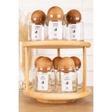 dnshome 10'lu Ahşap Top Kapaklı Döner Standlı Etiketli Cam Baharatlık Seti Saklama Kavanozu 300 ml
