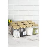 dnshome 12'li Gold Metal Kapaklı Kare Cam Kavanoz Saklama Seti Baharat Etiketli Baharatlık Seti 720 ml