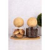 dnshome 2 Adet 500 ml Ahşap Top Kapaklı Kavanoz Seti Bambu Stantlı Saklama Kabı