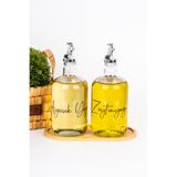 dnshome 2'li 750 ml Bambu Stanlı Cam Yağdanlık Seti Gri Tıpalı Ayçiçek & Zeytinyağı Etiketli Yağlık Sosluk