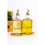 dnshome 2'li 750 ml Bambu Stantlı Ayçiçek & Zeytinyağı Cam Yağdanlık Seti Gold Tıpalı Etiketli Yağlık Sosluk