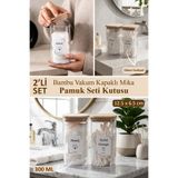 dnshome 2'li Bambu Kapaklı Pamuk ve Kulak Pamuğu Banyo Seti Etiket Hediyeli Banyo Düzenleyici Akrilik Saklama Kabı 300 ml
