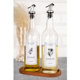 dnshome 2'li Cam Yağdanlık Ahşap Stantlı Zeytin Yağı Ayçiçek Yağı Şişesi Yağdanlık 750 ml