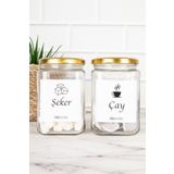dnshome 2'li Gold Metal Kapaklı Çay Şeker Etiketli Kare Cam Saklama Kabı Kavanoz Seti 720 ml
