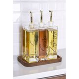 dnshome 3'lü Ahşap Stantlı Gold Tıpalı Cam Sosluk Sirkelik Yağdanlık Seti 5 Çeşit Etiket Sofra Sosluk 500 ml
