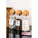 dnshome 3'lü Ahşap Top Kapaklı İngilizce Etiketli Çay Şeker Kahve Saklama Kavanozu Cam Saklama Kabı 1300 ml