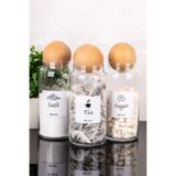dnshome 3'lü Ahşap Top Kapaklı İngilizce Etiketli Çay Şeker Tuz Saklama Kavanozu Cam Saklama Kabı 1300 ml