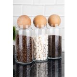 dnshome 3'lü Ahşap Top Kapaklı Şeffaf Etiketli Çay Şeker Kahve Saklama Kavanozu Cam Saklama Kabı 1300 ml