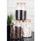 dnshome 3'lü Ahşap Vakum Kapaklı Çay Şeker Kahve Saklama Kabı Şeffaf İngilizce Etiketli Kavanoz Seti 800 ml