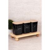 dnshome 3'lü Ahşap Vakum Kapaklı Stantlı Siyah Saklama Kabı Seti Çay & Şeker & Kahve Akrilik Kavanoz 900 ml