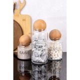 dnshome 3'lü Çay Şeker Kahve Kavanozu Ahşap Kapaklı Etiketli Cam Kavanoz Seti Saklama Kabı 1300-800-500 ml