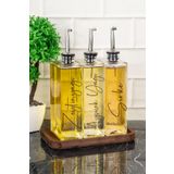 dnshome 3lü Lüks 500ml Yağdanlık Ahşap Stant Gümüş Kapak Cam Yağlık Ayçiçek Yağı Zeytinyağı Sosluk Sirkelik
