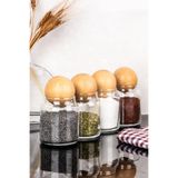 dnshome 4 Adet Cam Kavanoz Seti Ahşap Top Kapaklı Baharatlık Seti 300 ml