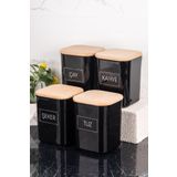 dnshome 4'lü 900 ml Ahşap Vakum Kapaklı Çay Şeker Kahve Tuz Saklama Kabı Akrilik Siyah Kavanoz Seti