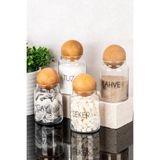 dnshome 4'lü Ahşap Top Kapaklı Cam Kavanoz Seti Etiketli Çay Şeker Kahve Tuz Saklama Kabı 800 ml Kavanoz