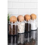 dnshome 4'lü Ahşap Top Kapaklı Şeffaf Etiketli Çay Şeker Kahve Tuz Saklama Kabı Cam Kavanoz Seti 800 ml