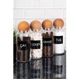 dnshome 4'lü Cam Set Ahşap Top Kapaklı Şeker Çay Tuz Kahve Cam Saklama Kabı Etiketli Kavanoz Seti 1300 ml