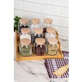 dnshome 9'lu Ahşap Kapaklı Katlı Standlı Şeffaf Etiketli Cam Baharatlık Seti Saklama Kavanozu 300 ml