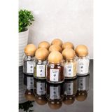 dnshome 9'lu Ahşap Top Kapaklı Cam Baharatlık Seti Etiketli Cam Kavanoz Seti Saklama Kabı Baharatlık 300 ml