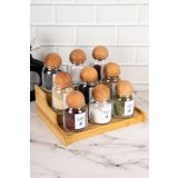 dnshome 9'lu Ahşap Top Kapaklı Katlı Standlı Baharat Etiketli Cam Baharatlık Seti Saklama Kavanozu 300 ml