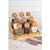 dnshome 9'lu Ahşap Top Kapaklı Katlı Standlı Şeffaf Etiketli Cam Baharatlık Seti Saklama Kavanozu 300 ml