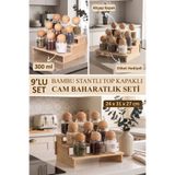 dnshome 9'lu Ahşap Top Kapaklı Tak - Çıkar Bambu Standlı Şeffaf Etiketli Cam Baharatlık Seti Saklama Kavanozu 300 ml