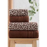DNZ GÜLCAN TEKSTİL 4 Parça Lüks Banyo Havlu Seti (2 Adet 70X140 cm & 2 Adet 50X90 cm) | Leopar Desenli Hamam Takımı - 70 x 140 cm - Kahverengi