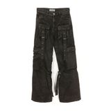DobaKids Kargo Cep Bol Wide Leg Paça Eskitme Retro Yüksek Bel Denim Jean Kadın Pantolon