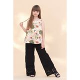 DobaKids Kız Çocuk Siyah Ajurlu Wide Leg Bol Paça Pantolon Çiçekli Krinkıl Askılı Tunik Takım - 8 - 9 Yaş - Çok Renkli
