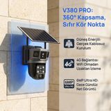 Dobest VTS02 4G Çift Objektifli 6 Mp Güvenlik Kamerası — Güneş paneli, gece görüşü, IP66 su geçirmezlik, hareket algılama uyarısı, iki yönlü ses, uzaktan kontrol ve TF kart desteği ile donatılmıştır