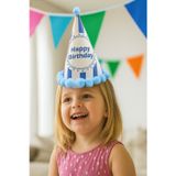 DODOMAR 35 cm Baş Çevresi – 20 cm Mavi Çizgili Ponponlu Happy Birthday Doğum Günü Şapkası