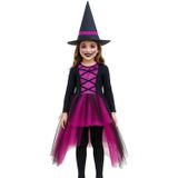 Dodomar Cadılar Bayramı Halloween Fuşya-Siyah 7-8 Yaş Şapkalı Cadı Kız Çocuk Kostümü