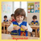 Dodomar Çocuk Okul Öncesi Motor Beceri Aktivite Önlüğü – Fermuar, Düğme, Çıtçıt, Bağlama, Cırtcırt ve Tokalı Eğitim Önlüğü - Mavi - Standart