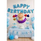 Dodomar Folyo Balon Happy Birthday Mavi Bebekli Kalpli 320x40 cm Doğum Günü Parti Süsü Duvar Dekoru Seti