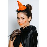 Dodomar Halloween Cadılar Bayramı Taç Mini Cadı Şapkası Şeklinde Tüllü Turuncu-Siyah Varaklı Örümcek Ağı Desenli