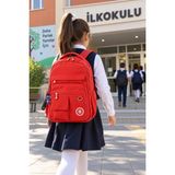 Dodomar Kırmızı Okul Çantası 3 Gözlü Su Geçirmez Krinkıl Kumaş Öğrenci Sırt Çantası 45 x 27 x 15