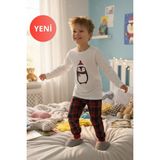 Dofi Erkek Çocuk 1738 Kışlık Ekose Pijama Takımı – Penguen Baskılı, Bisiklet Yaka, Manşetli Paça - Beyaz - 9 - 10 Yaş