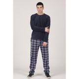 Dofi Erkek Polar Pijama Takımı Uzun Kol Lastikli Ekoseli Desenli Lacivert / Gri - 2XL