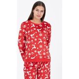 Dofi Kadın 1719 Kırmızı Geyik Desenli Süper Soft Kışlık Yılbaşı Pijama Takımı Yeni Yıl Noel - XS