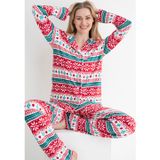 Dofi Kadın 1726 Etnik Desenli Düğmeli Pijama Takımı Yumuşak Süpersoft Kumaş, Şık ve Konforlu - Kırmızı