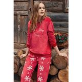 Dofi Kadın 1730 Kışlık Pijama Takımı Kırmızı Lastikli Uzun Kollu Eğlenceli Desen ile Homewear - XS