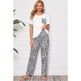 Dofi Kadın 1763 Altı Leopar Desenli Kısa Kollu Pijama Takımı Cep Detaylı - Beyaz-Siyah