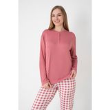 Dofi Kadın 1772 Patlı Pijama Takımı Uzun Kollu, Ekose Alt - Gül Kurusu