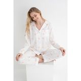 Dofi Kadın 1780 Ekru Gülen Kalp Desenli Pijama Takımı – Uzun Kollu, Düğmeli, Aerobin Kumaş