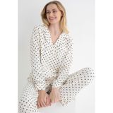 Dofi Kadın 1780 Ekru Puantiyeli Pijama Takımı – Uzun Kollu, Düğmeli, Aerobin Kumaş